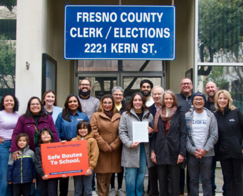 Better Roads, Safe Streets measure proponents, sponsors, and supporters gathered outside of the Fresno County Clerk Office in celebration.