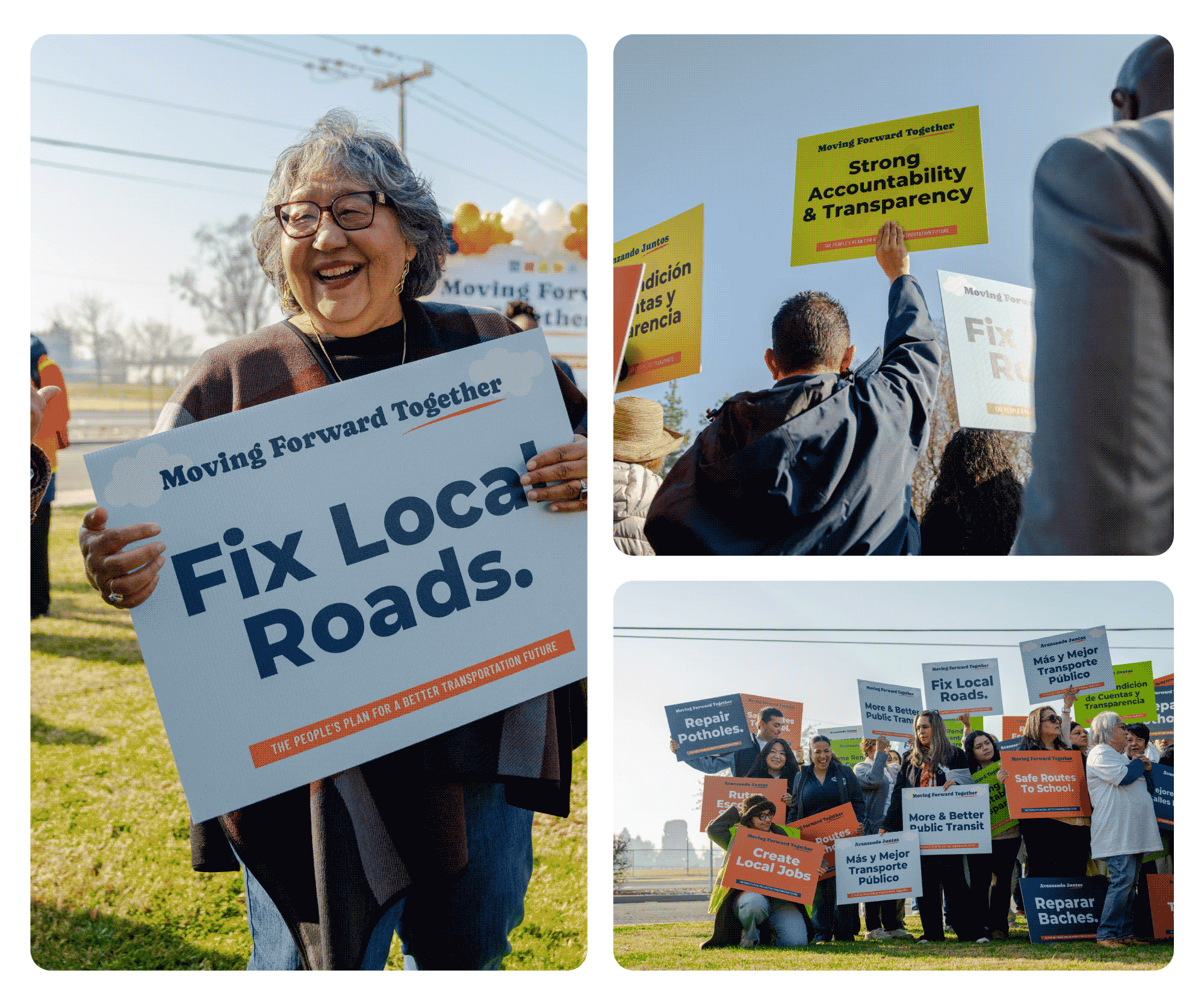 Fresno County Transportation Improvement Act — Event Kickoff Signature Gathering Crowd of Fresno County residents gathered to advocate for the Fresno County Transportation Improvement Act with signs that read "Fix Local Roads", "Strong Accountability & Transparancy"