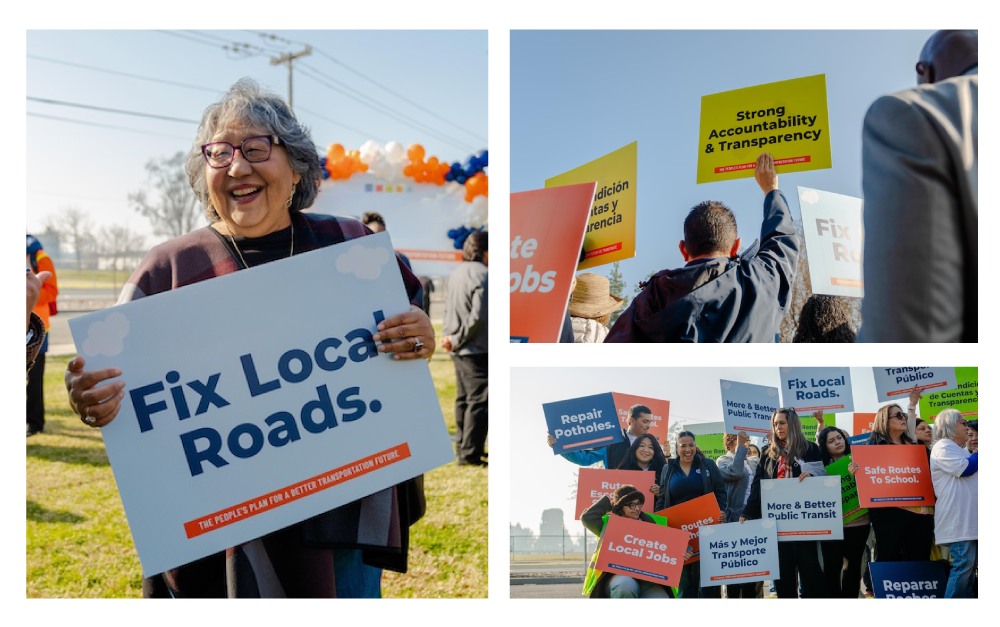 Better Roads Safe Streets Event Crowd of Fresno County residents gathered to advocate for the Fresno County Transportation Improvement Act with signs that read "Fix Local Roads", "Strong Accountability & Transparancy"