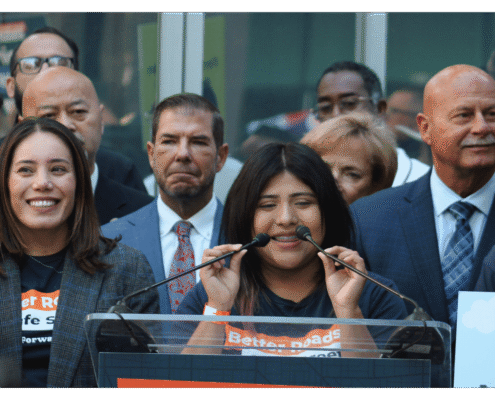 Better Roads, Safe Streets submits over 32,000 signatures to advance transportation measure Student speaking to public during press event announcing the submission of over 32,000 signatures to advance Better Roads Safe Streets transportation measure toward November ballot