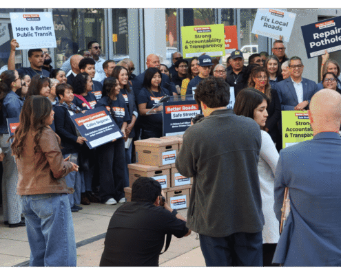 Better Roads, Safe Streets submits over 32,000 signatures to advance transportation measure Student speaking to public during press event announcing the submission of over 32,000 signatures to advance Better Roads Safe Streets transportation measure toward November ballot
