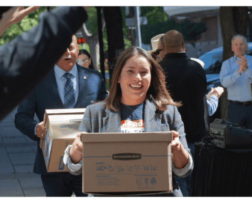 Better Roads, Safe Streets submits over 32,000 signatures to advance transportation measure Veronica Garibay walks one of fifteeen boxes comprising of the 32,000 signatures collected by Better Roads, Safe Streets to advance the Better Roads, Safe Streets transportation measure