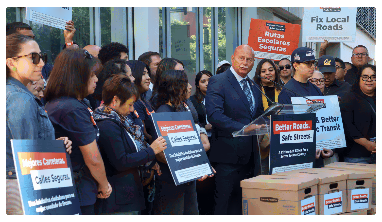 Better Roads, Safe Streets submits over 32,000 signatures to advance transportation measure Mayor of Fresno Jerry Dyer speaking to public during press event announcing the submission of over 32,000 signatures to advance Better Roads Safe Streets transportation measure toward November ballot