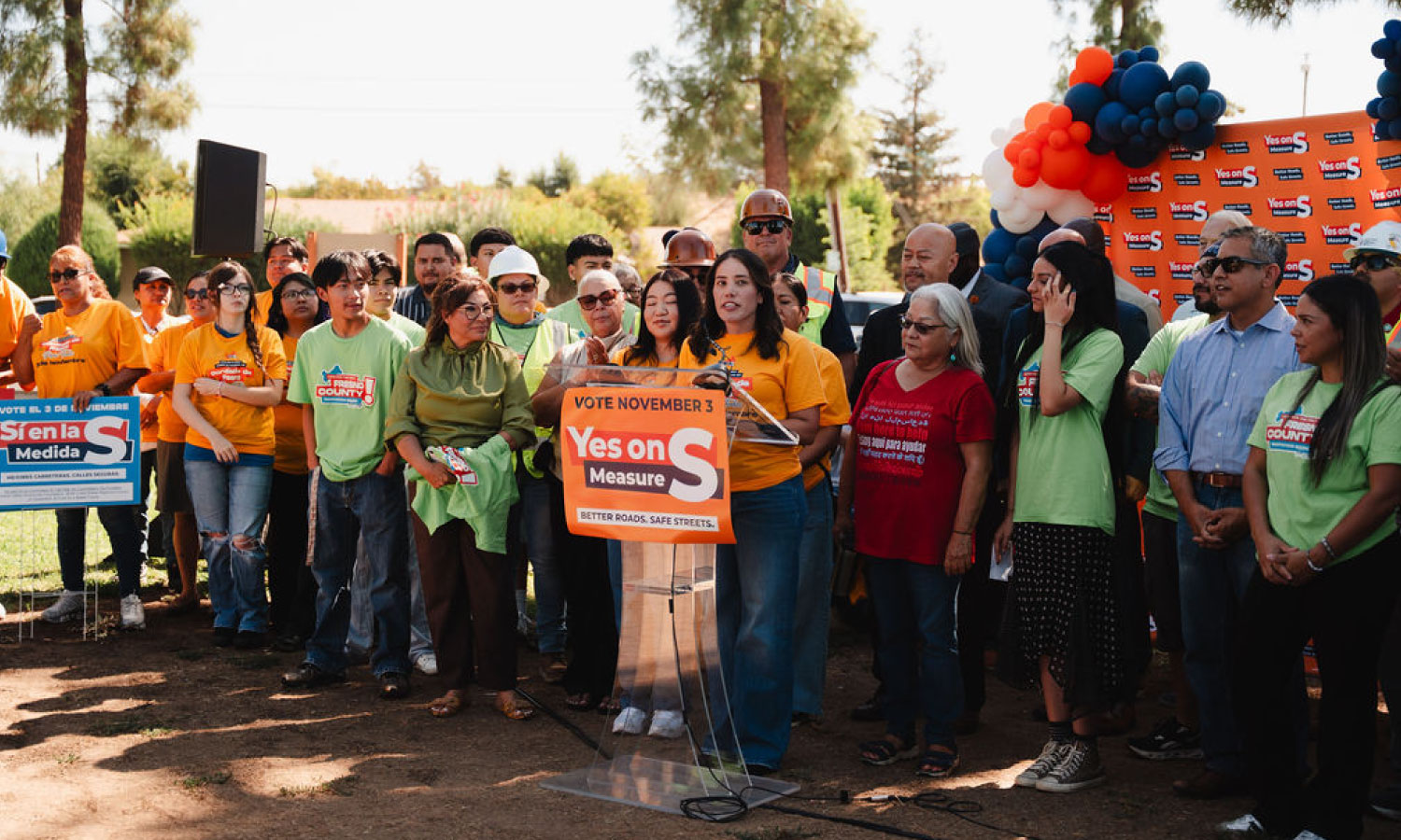 Supporters gather around a speaker at the Yes on Measure S campaign launch press event in Fresno County. Supporters gather around a speaker at the Yes on Measure S campaign launch press event in Fresno County.